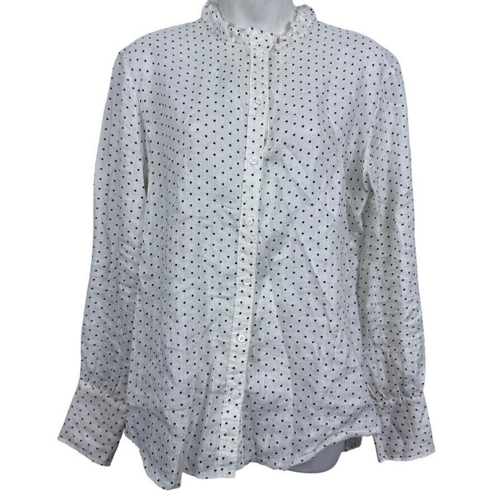 Stateside Womens White Polka Dot Navy Long Sleeve Button Down Top Shirt Linen M